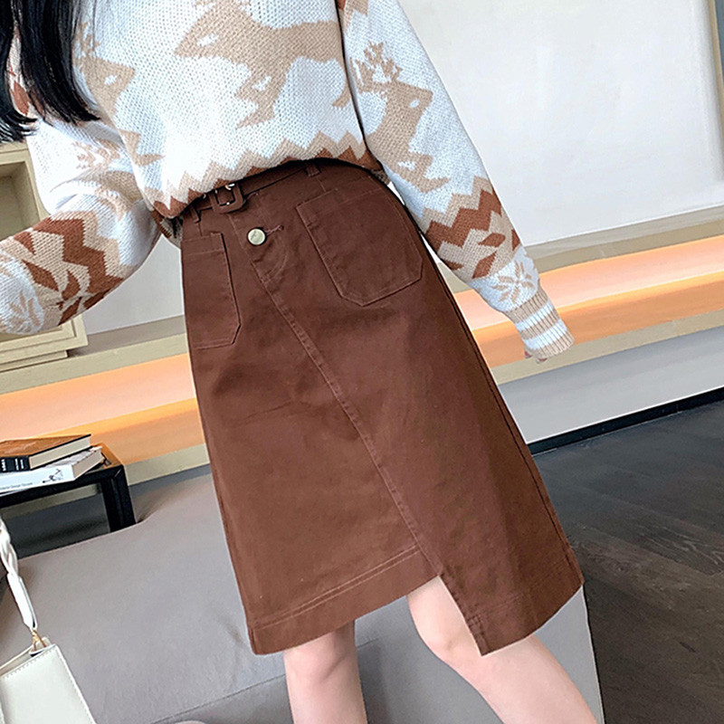 S-5XL Fusta de blugi de talie înaltă pentru femei, mărime mare, fustă neregulată în formă de A, chic, simplitate, până la genunchi, kaki