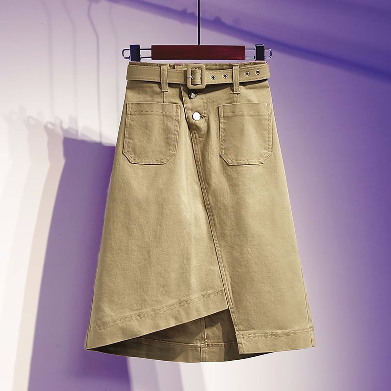 S-5XL Fusta de blugi de talie înaltă pentru femei, mărime mare, fustă neregulată în formă de A, chic, simplitate, până la genunchi, kaki