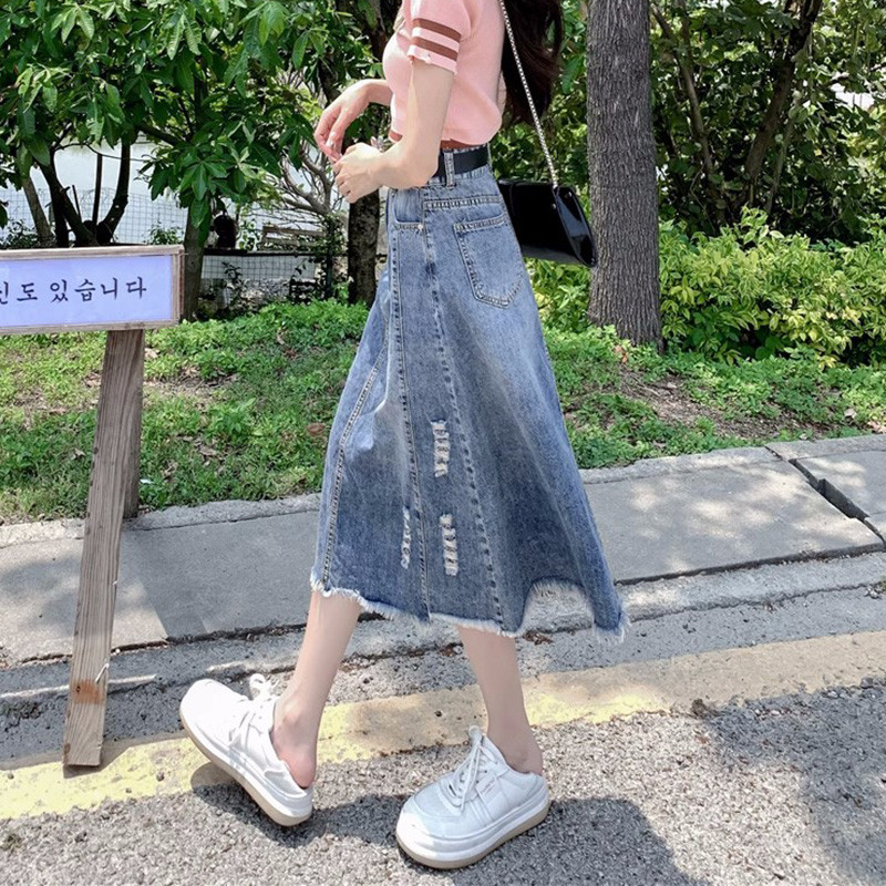 S-5XL Nova ženska traper suknja velike veličine proljeće ljeto Modna traperica visokog struka s rupama na bokovima Ležerna labava suknja A-kroja