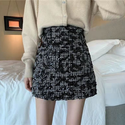 2023 stil coreean nou Plus size albastru paiete tweed fuste subțire talie înaltă fuste subțiri A-line fustă Fahion Wrap mini fustă