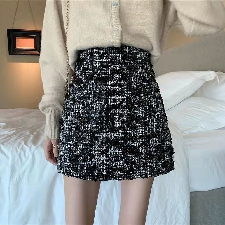 2023 stil coreean nou Plus size albastru paiete tweed fuste subțire talie înaltă fuste subțiri A-line fustă Fahion Wrap mini fustă