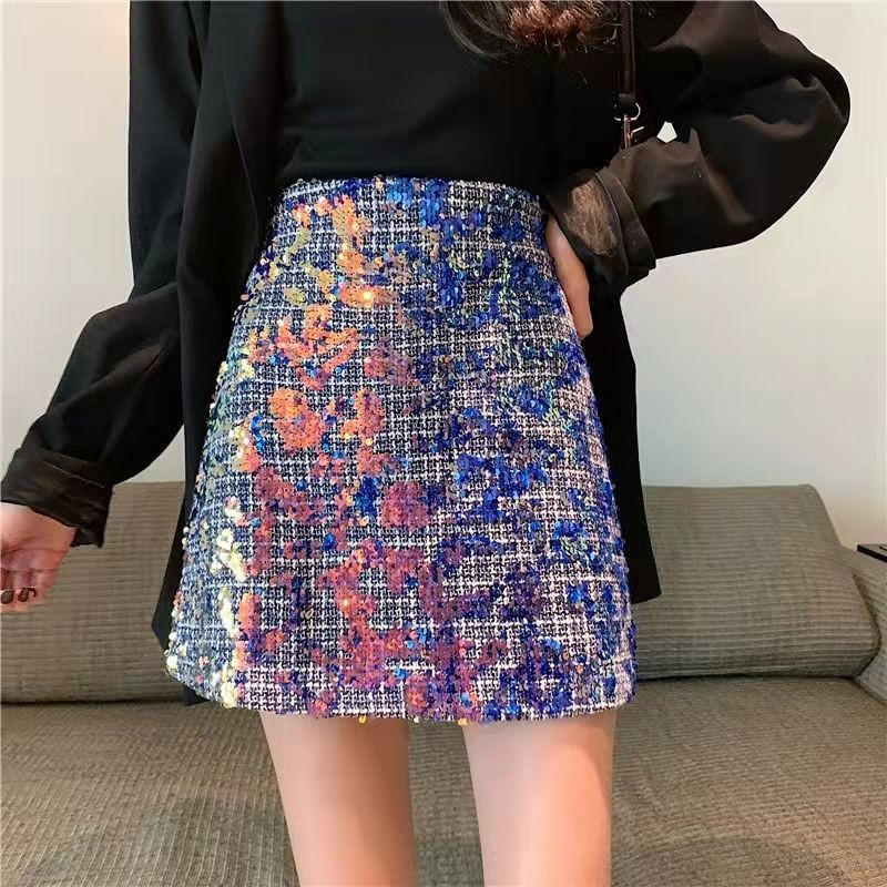 2023 stil coreean nou Plus size albastru paiete tweed fuste subțire talie înaltă fuste subțiri A-line fustă Fahion Wrap mini fustă