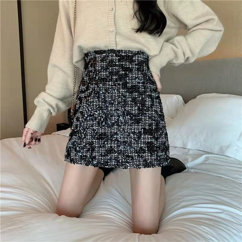 2023 stil coreean nou Plus size albastru paiete tweed fuste subțire talie înaltă fuste subțiri A-line fustă Fahion Wrap mini fustă