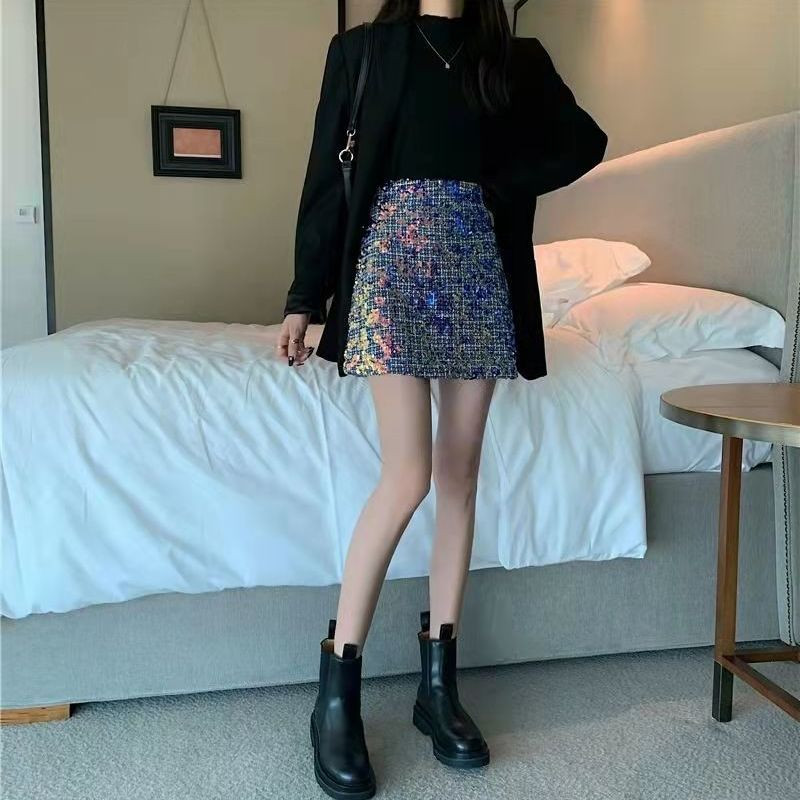 2023 stil coreean nou Plus size albastru paiete tweed fuste subțire talie înaltă fuste subțiri A-line fustă Fahion Wrap mini fustă