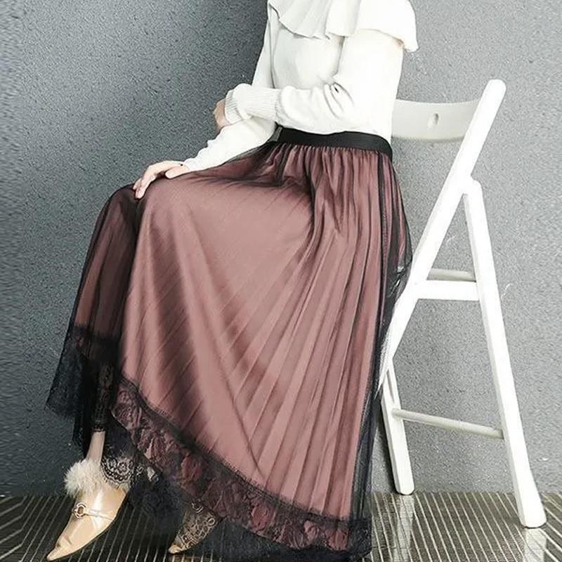 Elegantiškas moteriškas tiulio sijonas korėjietiško stiliaus madingas tinklinis moteriškas sijonas, prašmatnus vasarinis sijonas aukštu juosmeniu, juodas vakarinis sijonas