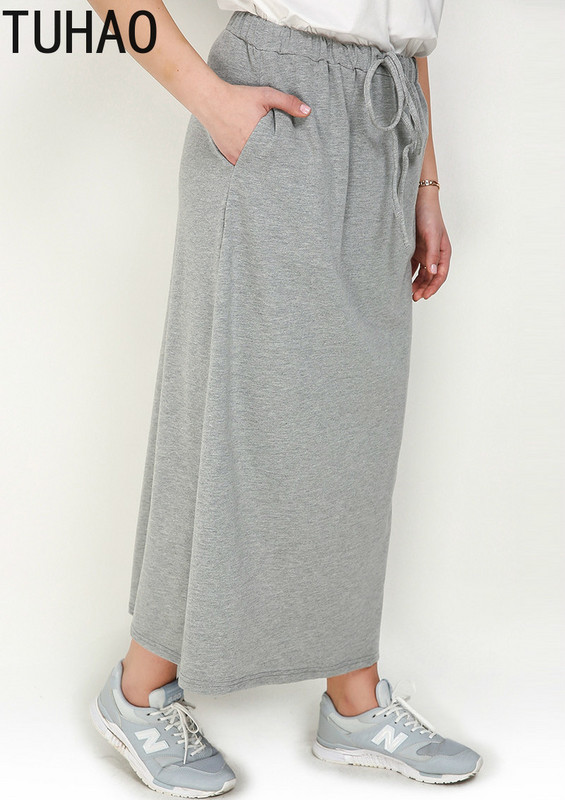 TUHAO Fuste casual din bumbac pentru femeie cu talie înaltă, plus mărime 7XL 6XL 5XL Fusta LUNGĂ, elastică, dreaptă Fuste femei solide RL