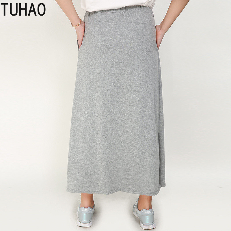 TUHAO Fuste casual din bumbac pentru femeie cu talie înaltă, plus mărime 7XL 6XL 5XL Fusta LUNGĂ, elastică, dreaptă Fuste femei solide RL