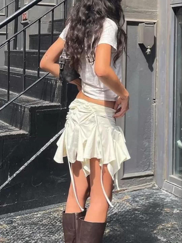 Y2K Gothic Punk Moteriški netaisyklingi sijonai, vienspalviai raišteliai, surišami raukiniai Mini sijonas Vasaros madingi trumpi sijonai