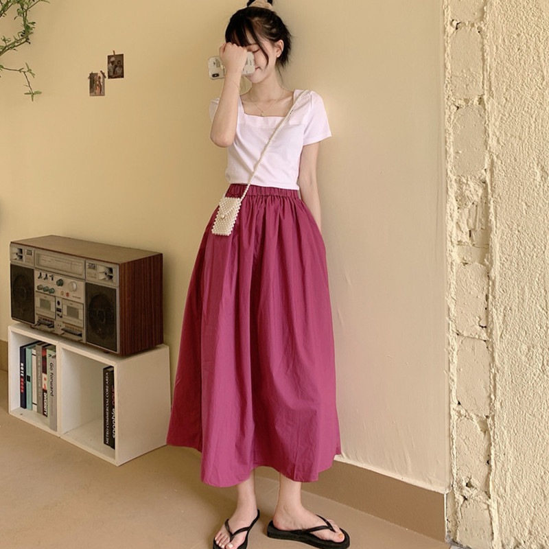 Korėjos elegantiškas vientisos medvilnės sijonas 5XL 6XL Didelio dydžio pavasario moteriški gatvės drabužiai Raudona juoda aukšto juosmens mokyklinis sijonas Vasariniai sijonai