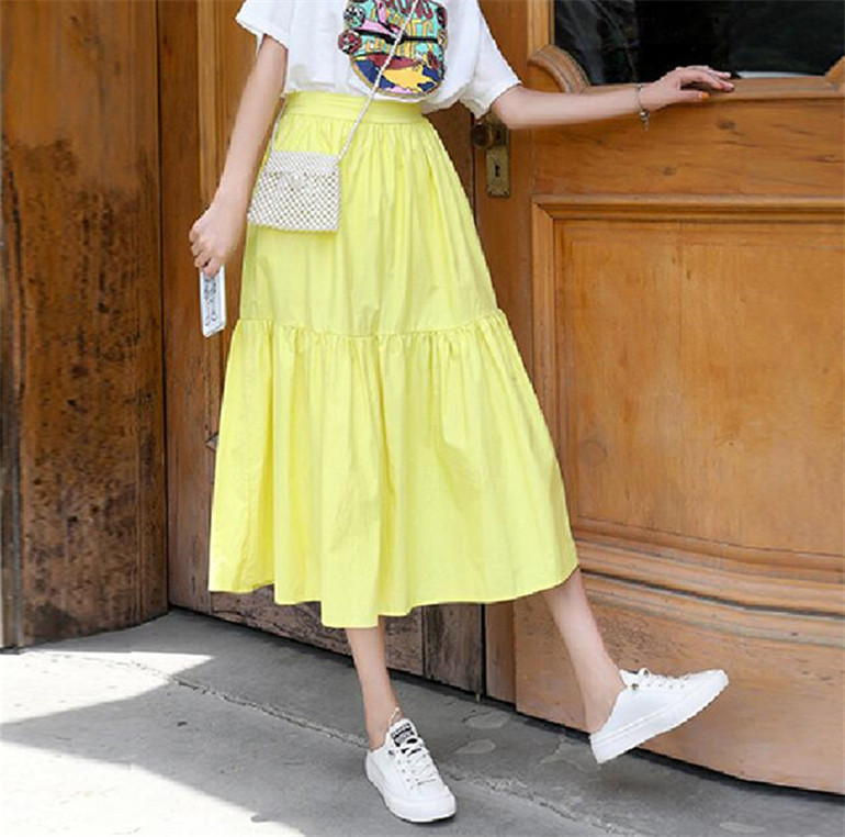 Vruća rasprodaja kvalitetnih pamučnih lanenih suknji, Autunm Plisirane duge maksi suknje veće veličine Ljetne školske suknje žuto bijele