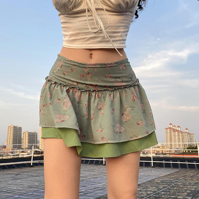 Fusta bust vintage Y2K Femei Fete Imprimare florală retro cu două straturi de îmbinare Fusta scurtă pe jumătate pentru cumpărături de întâlniri