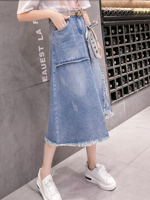 Proljetna suknja A kroja Ženska midi suknja visokog struka Traper suknja Korejske suknje Ženska moda 2023 Gothic Rave Plus veličina