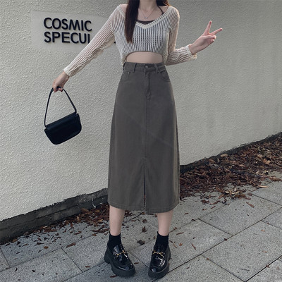 M-4xl Fuste de denim cu fante pentru femei vintage, fuste de toamnă cu talie înaltă, cu linie A, cu lungime medie, fuste de blugi, fuste simple pentru femei, mari mari