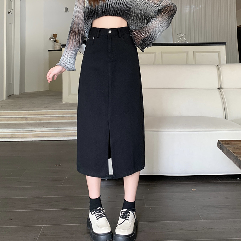 M-4xl Fuste de denim cu fante pentru femei vintage, fuste de toamnă cu talie înaltă, cu linie A, cu lungime medie, fuste de blugi, fuste simple pentru femei, mari mari