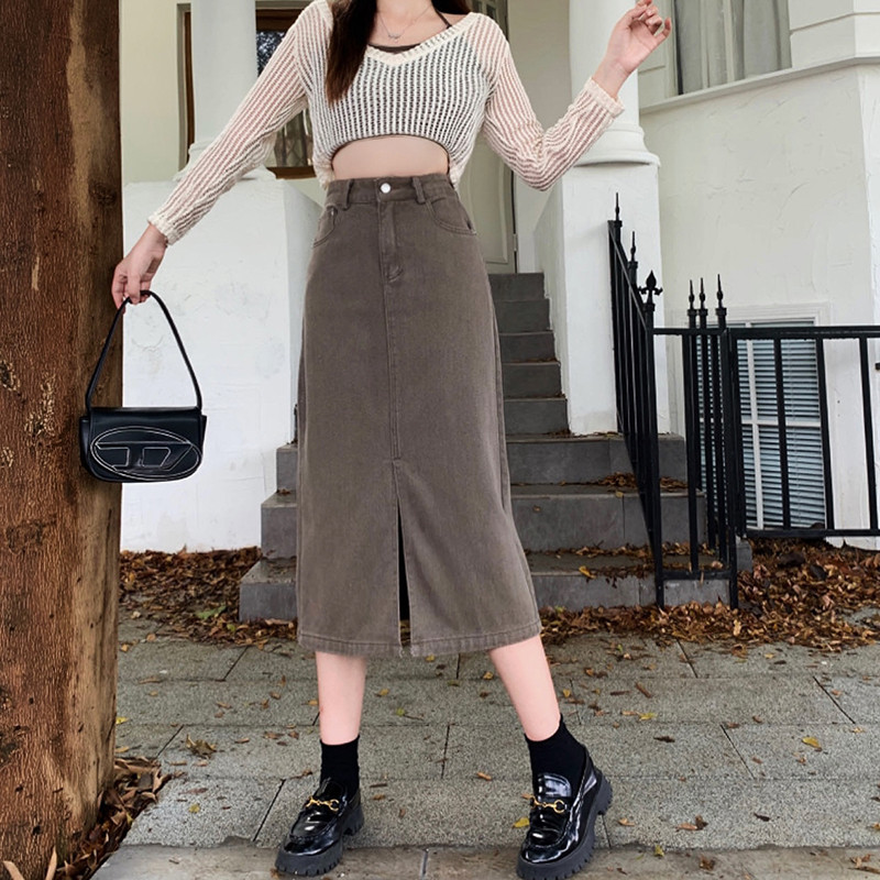 M-4xl Fuste de denim cu fante pentru femei vintage, fuste de toamnă cu talie înaltă, cu linie A, cu lungime medie, fuste de blugi, fuste simple pentru femei, mari mari