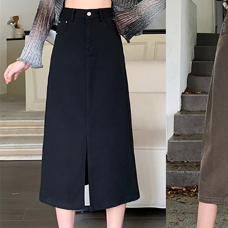M-4xl Fuste de denim cu fante pentru femei vintage, fuste de toamnă cu talie înaltă, cu linie A, cu lungime medie, fuste de blugi, fuste simple pentru femei, mari mari
