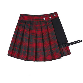 All Match Γυναικεία κοντή φούστα Μόδα Tartan Κόκκινη πλισέ φούστες Streatwear καρό φούστα με κουμπί στο πλάι Γυναικεία casual μίνι φούστα