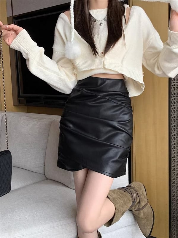 Nepravilna suknja od pu kože Ženske seksi mini suknje visokog struka Jesen Zima Nova crna ležerna kratka suknja A kroja N27