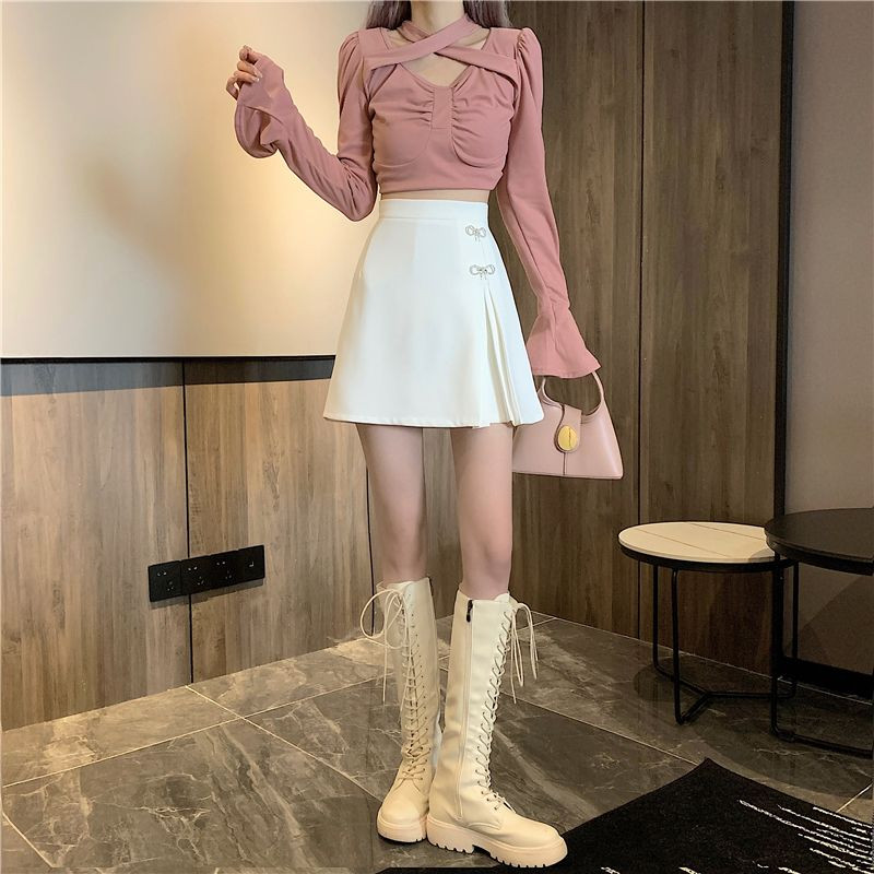 Fusta femei cu talie înaltă confortabilă, linie A plisată, solidă, ocazională, modă delicată, stil coreean pentru femei, elegante, de toamnă, fuste de bază