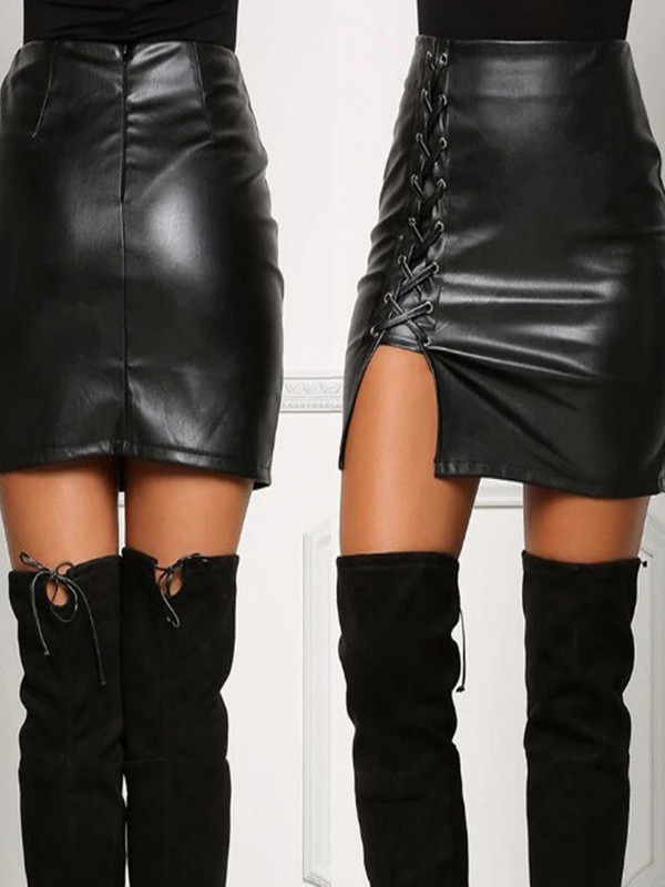 Fete sexy de vară deasupra genunchiului Mini-fuste din piele PU neagră de primăvară pentru femeie cu talie înaltă, bodycon, cu despărțire în față, fustă scurtă elegantă