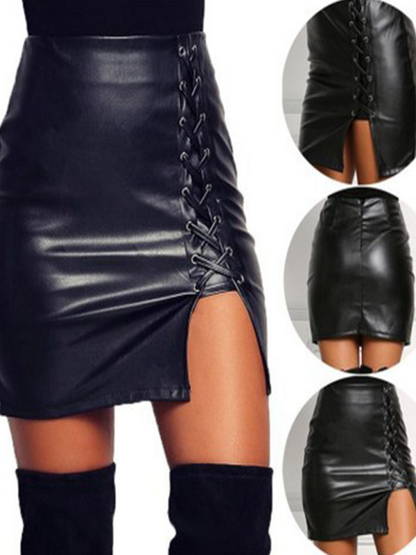 Fete sexy de vară deasupra genunchiului Mini-fuste din piele PU neagră de primăvară pentru femeie cu talie înaltă, bodycon, cu despărțire în față, fustă scurtă elegantă