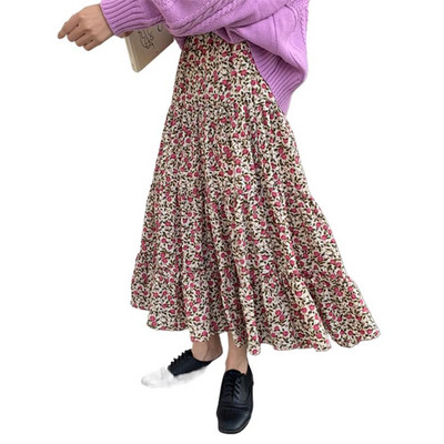 Plus μέγεθος Floral Print vintage φούστες, 2023 Ψηλόμεση πλισέ Maxi φούστα Κομψή γυναικεία βαμβακερή φούστες Bohemia 5XL 6XL
