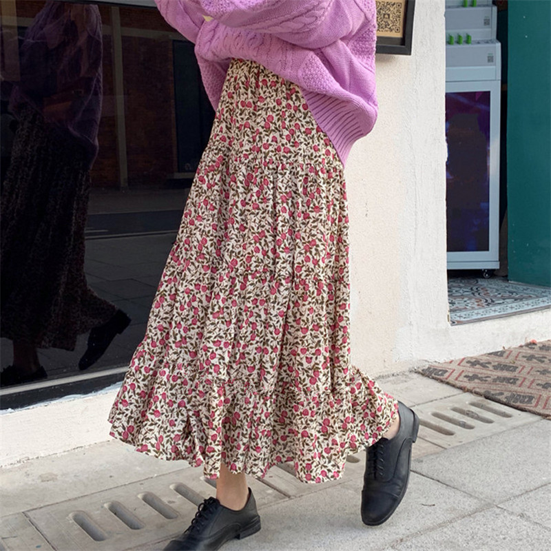 Fuste de epocă cu imprimeu floral de mărime mare, 2023 Fusta maxi plisată cu talie înaltă Fuste elegante din bumbac Boemia 5XL 6XL