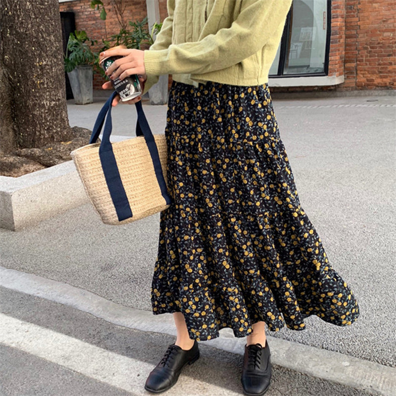 Fuste de epocă cu imprimeu floral de mărime mare, 2023 Fusta maxi plisată cu talie înaltă Fuste elegante din bumbac Boemia 5XL 6XL