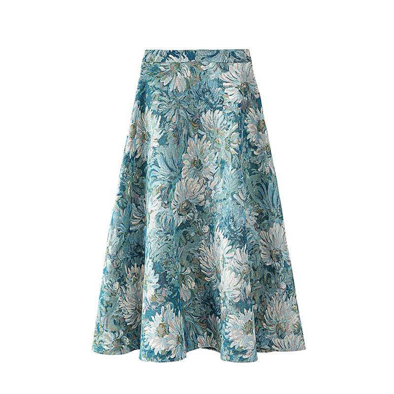 Korėjos vintažinio aliejaus tapybos sijonas su gėlėmis Big Swing Skėtinis sijonas 2023 m. aukštu juosmeniu, plonas, didelio dydžio moteriškas ilgas sijonas