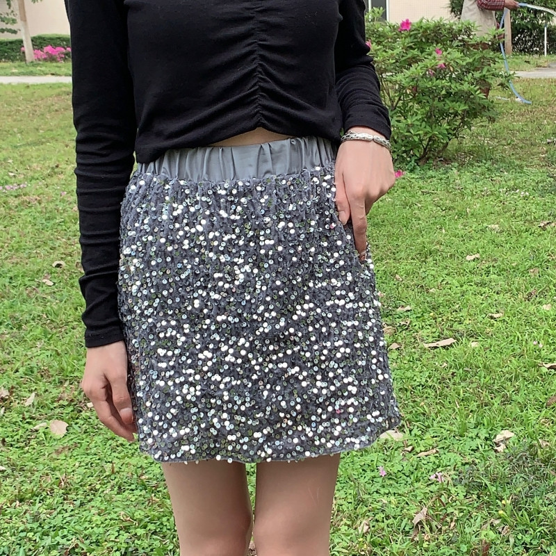 Elegance Office Lady Plus Size Elastic Waist Sequin Midi Φούστα Αδυνατιστική Εσωτερική Φόδρα κατά της έκθεσης Μίνι φούστα ψηλόμεση σε γραμμή Α.