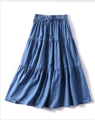 2023 de vară în stil coreean pentru femei din denim fuste lungi cu volane libere fuste cu talie elastică înaltă fuste subțiri talie plus fund L-7XL