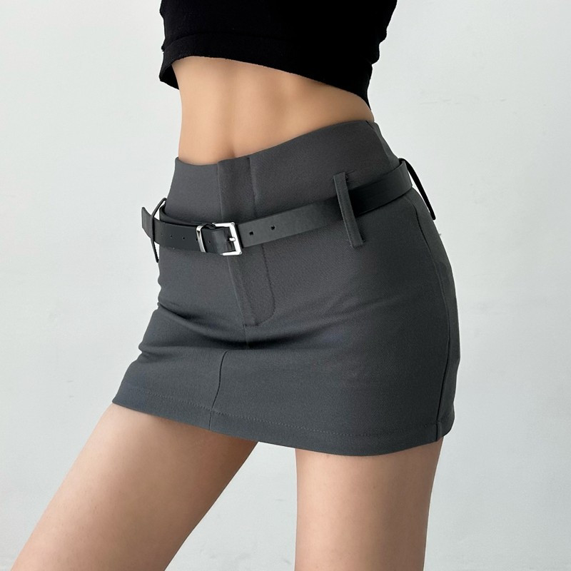 Fuste mini cu centură sexy cu talie înaltă, elegantă, cu șold, gri, subțire, cu linie A, Moda feminină, ocazional, coreeană Y2K