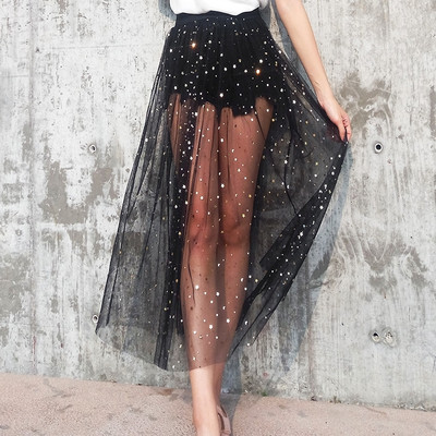 Κομψή γυναικεία φούστα παραλίας με φαρδιά γάζα με παγιέτες, Καλοκαιρινό κορεάτικο στυλ Διαφανές φόρεμα Μεσαίο ψηλόμεσο ​Φούστες για πάρτι Fairy