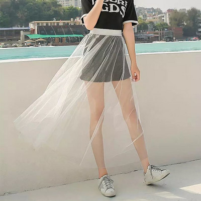 Κομψή γυναικεία φούστα παραλίας με φαρδιά γάζα με παγιέτες, Καλοκαιρινό κορεάτικο στυλ Διαφανές φόρεμα Μεσαίο ψηλόμεσο ​Φούστες για πάρτι Fairy