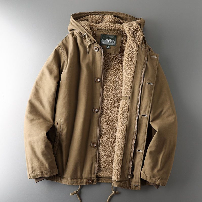 Medvilninė striukė su gobtuvu Ėriuko vilnos paltai Vyriški žieminiai medvilniniai paminkštinti Drabužiai Įrankiai Užtrauktukas Mygtukai Kišenės ilgomis rankovėmis Megbtuvai Viršus