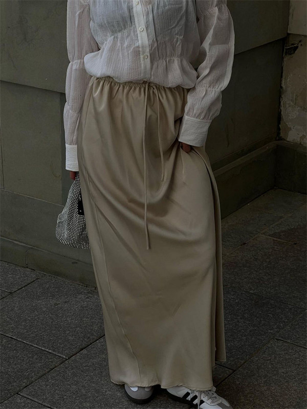 TARUXY Fusta neagră, cu șireturi, satin, lungă pentru femei, ocazional, cu talie înaltă, pentru femei, solidă, elegantă, de stradă, Midi Mujer