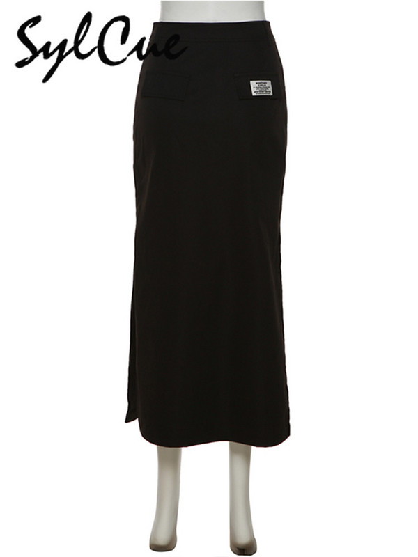 Sylcue Simple Black Split Sexy Slim Hot Ευέλικτο Ανοιχτό Cool Λεπτό Καλοκαίρι Γυναικεία Ώριμη Θηλυκή γοητεία Φούστα δρόμου μακριά