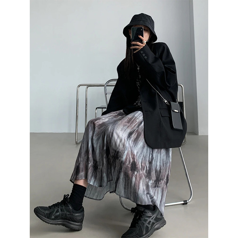 MEXZT Batic Dye sukne pre ženy Y2K skladaná potlač A-line midi sukňa Vintage Streetwear Harajuku vysoký pás záhyby voľné ležérne sukne