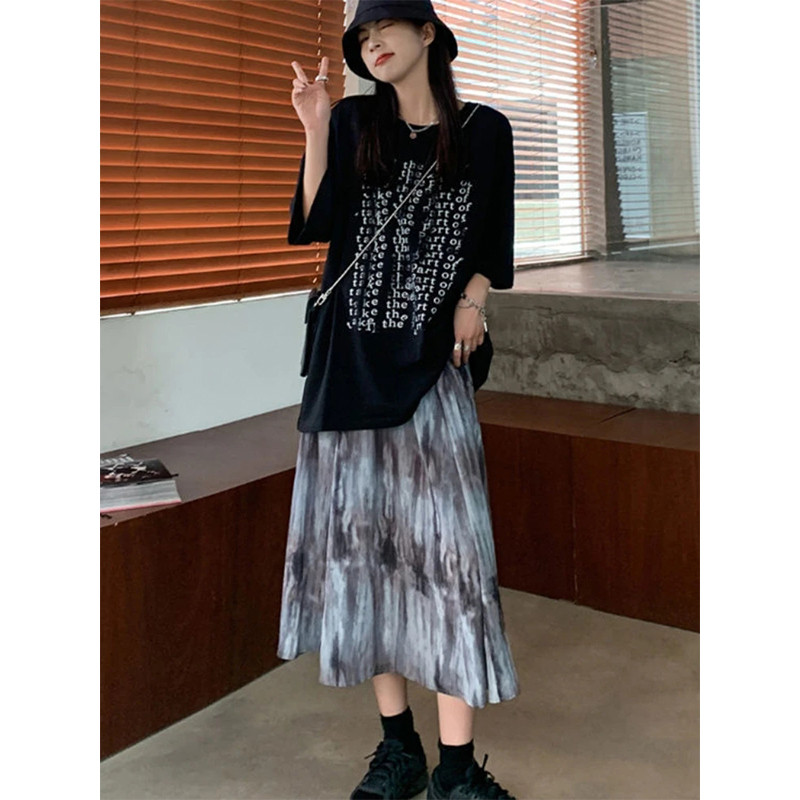 MEXZT Batic Dye sukne pre ženy Y2K skladaná potlač A-line midi sukňa Vintage Streetwear Harajuku vysoký pás záhyby voľné ležérne sukne