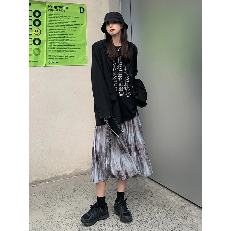 MEXZT Batic Dye sukne pre ženy Y2K skladaná potlač A-line midi sukňa Vintage Streetwear Harajuku vysoký pás záhyby voľné ležérne sukne