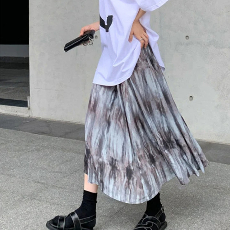 MEXZT Batic Dye sukne pre ženy Y2K skladaná potlač A-line midi sukňa Vintage Streetwear Harajuku vysoký pás záhyby voľné ležérne sukne