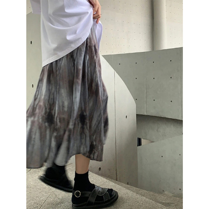 MEXZT Batic Dye sukne pre ženy Y2K skladaná potlač A-line midi sukňa Vintage Streetwear Harajuku vysoký pás záhyby voľné ležérne sukne