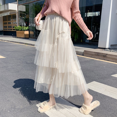 2023 m. rudens netaisyklingas tiulio sijonas Moteriški elastiniai sijonai aukštu juosmeniu Tinkliniai sijonai raukiniai Ilgi sijonai Korėjietiški madingi moteriški drabužiai