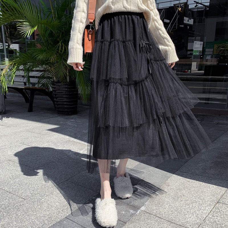 2023 m. rudens netaisyklingas tiulio sijonas Moteriški elastiniai sijonai aukštu juosmeniu Tinkliniai sijonai raukiniai Ilgi sijonai Korėjietiški madingi moteriški drabužiai