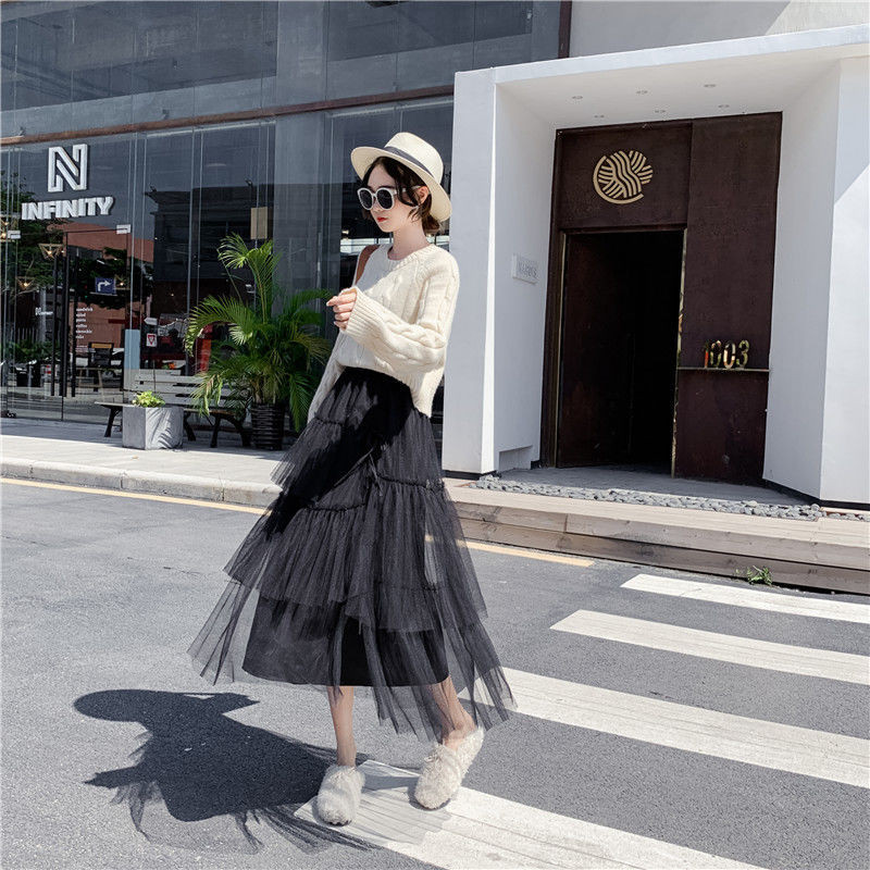 2023 m. rudens netaisyklingas tiulio sijonas Moteriški elastiniai sijonai aukštu juosmeniu Tinkliniai sijonai raukiniai Ilgi sijonai Korėjietiški madingi moteriški drabužiai