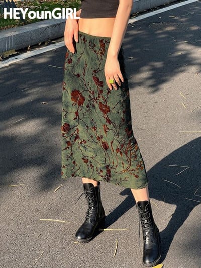 HEYounGIRL Fusta lungă de epocă verde cu imprimeu floral pentru femei Y2K High Street Grunge Fashion Fusta elegantă la jumătatea gambei toamnă iarnă 2023