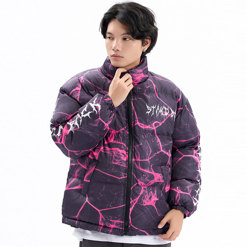 Parka capitonată supradimensionată hip hop pentru bărbați, cu imprimeu fulger, paltoane îmbinate, de iarnă, groase, calde, Harajuku, ocazional, parkas largi din bumbac, cupluri