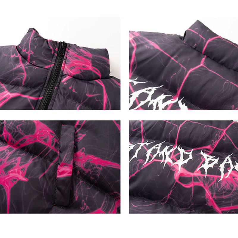 Parka capitonată supradimensionată hip hop pentru bărbați, cu imprimeu fulger, paltoane îmbinate, de iarnă, groase, calde, Harajuku, ocazional, parkas largi din bumbac, cupluri