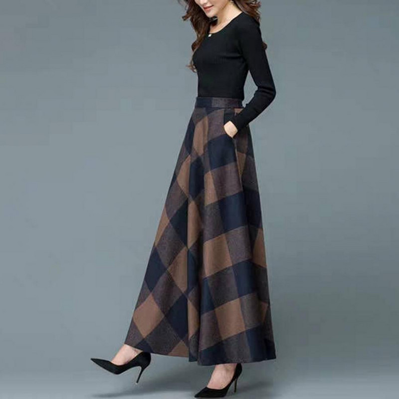 Maxi Φούστα Χοντή Φθινοπωρινή χειμερινή καρό στάμπα με ψηλόμεσο σε γραμμή Α Maxi φούστα Plus μέγεθος Κομψή φούστα Streetwear που αγγίζει το δέρμα