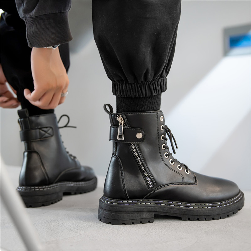Visoko izrezane čizme na vezanje u britanskom stilu Modne crne kožne čizme za vanjsku upotrebu Ležerne muške motociklističke čizme s patentnim zatvaračem